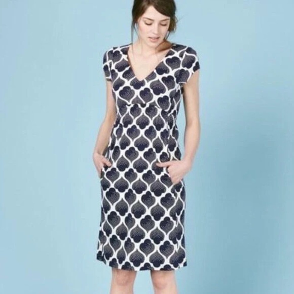 Boden Dress Womens 6R Navy Spades Curved Waist Seam Preppy Short Sleeves Resort